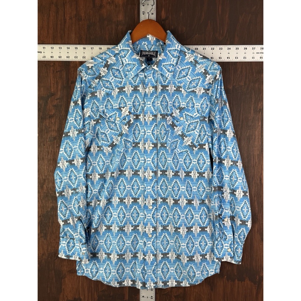Panhandle Cowboy Aztec Ranch Western Pearl Snap Shirt Powder Blue Men‎ Small EUC